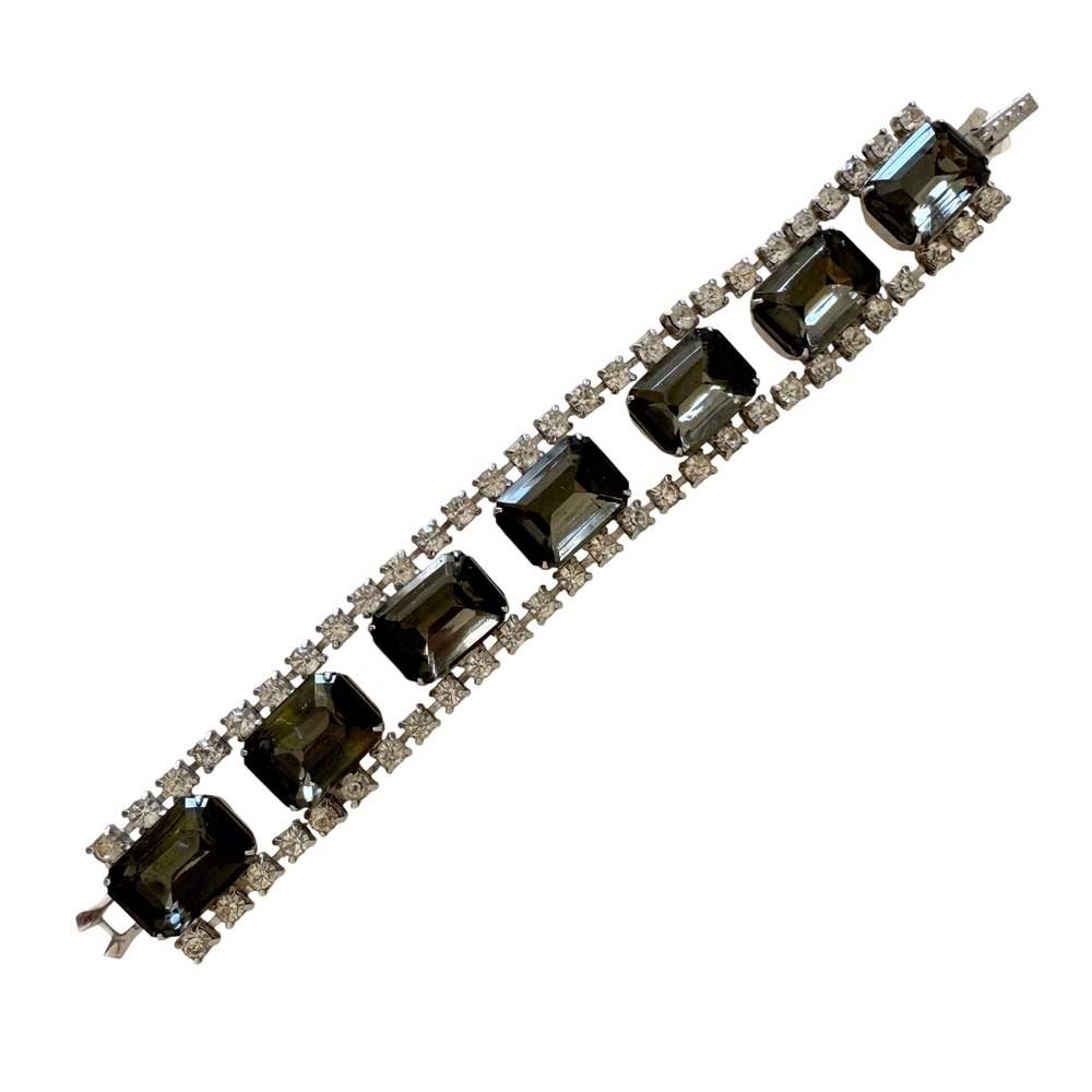 Vintage Rhinestone Statement Bracelet Emerald Cut Dark Gray Crystals Silver Tone
